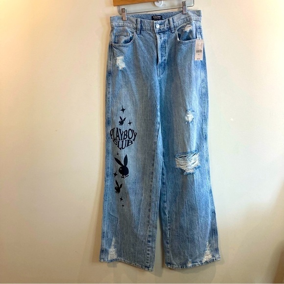 PACSUN PLAYBOY Sz 28 High Rise Distressed Wide Leg Appliqué Light Wash Jeans NEW - Picture 3 of 15